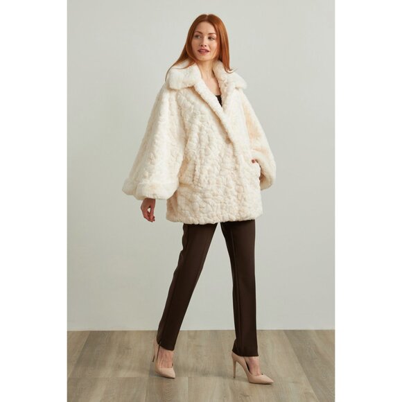 NWT Joseph Ribkoff cream monochromatic pattern textured faux fur cape jacket, S - Picture 8 of 9